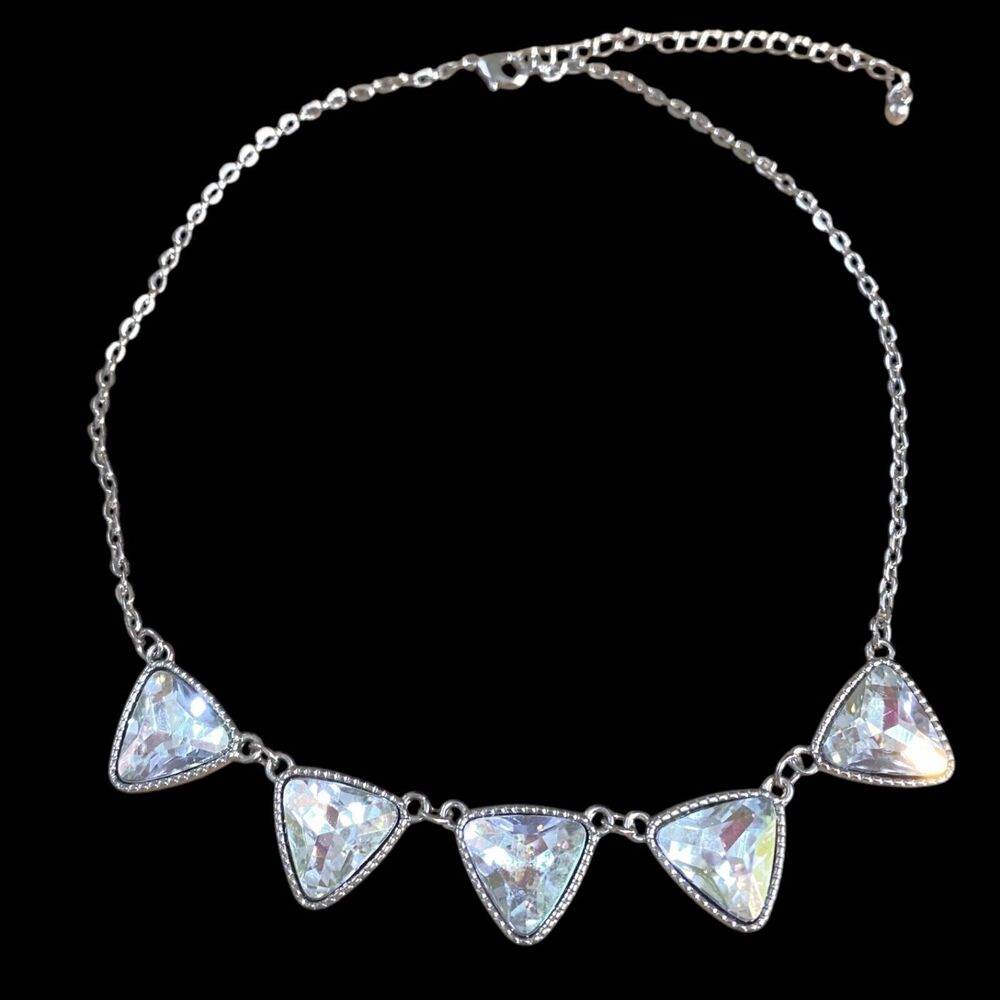 Clear Aurora Borealis Rhinestone Necklace Chunky Triangle Silvetone Chain Bling